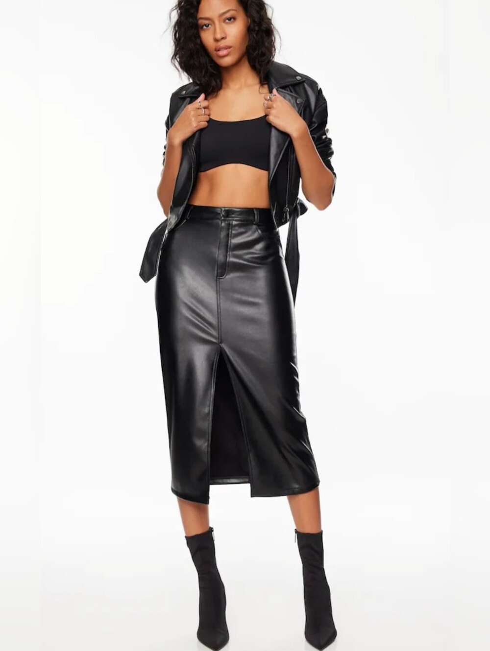 Dynamite Black Gigi Faux Leather Midi Pencil Skirt With Slit, EUC, SP